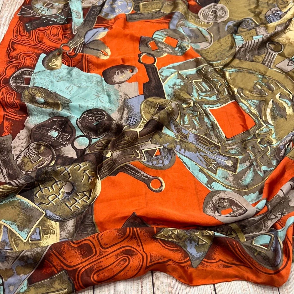 Tongyu 100% Silk Scarf Orange Ancient Chinese Coin Print Square Hand Rolled 21in